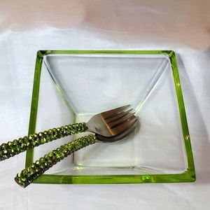 5-piece bundle: Green glass bowl with serving fork & spoon; & glass plat…